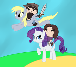 Size: 2288x2000 | Tagged: safe, artist:jforce55, derpy hooves, rarity, human, pegasus, pony, unicorn, g4, crossover, egoraptor, game grumps, jontron, sword