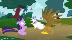 Size: 1280x720 | Tagged: safe, artist:kwark85, edit, gilda, twilight sparkle, griffon, pony, unicorn, g4, duo, female, mare, spread wings, tree, unicorn twilight, wings, yelling