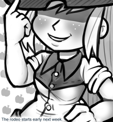 Size: 600x650 | Tagged: safe, artist:livesmutanon, applejack, comic:based anon, equestria girls, g4, /mlp/, female, humanized, monochrome, solo