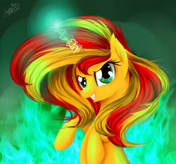 Size: 1024x956 | Tagged: safe, artist:happyksu, sunset shimmer, pony, unicorn, g4, badass shimmer, evil grin, female, fiery shimmer, fire, green fire, grin, happy, looking at you, magic, smiling, smirk, solo