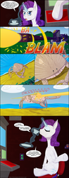 Size: 850x2174 | Tagged: safe, artist:deusexequus, rarity, crab, pony, unicorn, g4, cannon, comic, death, female, mare, rarity fighting a giant crab, sitting, tea