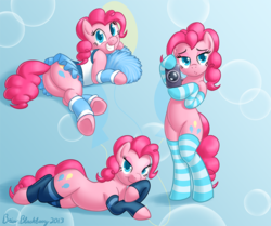 Size: 779x652 | Tagged: safe, artist:brianblackberry, pinkie pie, earth pony, pony, g4, adorasexy, balloonbutt, bedroom eyes, bipedal, bottomless, butt, camera, cheerleader, cheerleader pinkie, clothes, cute, diapinkes, dock, female, hooves, multeity, pinup, plot, pose, sexy, skirt, socks, solo, striped socks, sultry pose, underhoof, upskirt