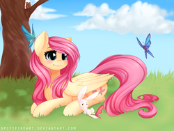 Size: 1600x1200 | Tagged: safe, artist:spittfireart, angel bunny, fluttershy, bird, butterfly, pegasus, pony, g4, female, lying down, mare, prone, smiling