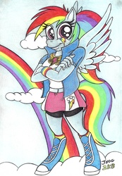 Size: 885x1280 | Tagged: safe, artist:jameythehedgehog, rainbow dash, anthro, unguligrade anthro, equestria girls, g4, clothes, cloud, cloudy, equestria girls outfit, female, hooves, skirt, solo, traditional art