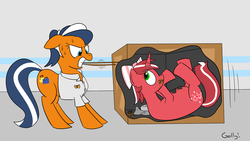 Size: 1280x724 | Tagged: safe, artist:rapidstrike, oc, oc only, oc:red ribbon, baggie pack, box, chocolate, fat, hiding, x-ray