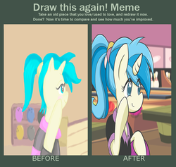 Size: 784x744 | Tagged: safe, artist:do-it-yourself, allie way, pony, unicorn, g4, before and after, blushing, bowling, bowling alley, bowling ball, bowling pin, cute, draw this again, high ponytail, meme, ponytail, redraw