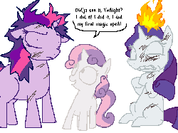 Size: 800x600 | Tagged: safe, artist:weaver, rarity, sweetie belle, twilight sparkle, g4, angry, fire, gif, magic, non-animated gif, pyro belle, pyrokinesis, simple background, this will end in tears, white background