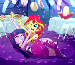 Size: 1500x1293 | Tagged: safe, artist:madmax, sunset shimmer, twilight sparkle, equestria girls, g4, my little pony equestria girls, armpits, balloon, bare shoulders, big crown thingy, catfight, choking, clothes, crown, dress, duo, fall formal outfits, fight, hilarious in hindsight, party, reality ensues, sleeveless, sleeveless dress, strapless, twilight ball dress