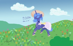 Size: 1425x900 | Tagged: safe, artist:lunarapologist, princess luna, alicorn, pony, g4, alternate hairstyle, choker, chokerluna, clothes, dress, eyes closed, female, flower, hat, katrina and the waves, mare, meadow, messy mane, open mouth, s1 luna, sandals, singing, smiling, solo, sundress, trotting, walking on sunshine