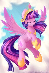 Size: 1200x1800 | Tagged: safe, artist:spittfireart, twilight sparkle, alicorn, pony, g4, big crown thingy, crown, cute, element of magic, eyebrows, eyes closed, female, hoof shoes, horn, jewelry, mare, princess shoes, regalia, smiling, solo, spread wings, twiabetes, twilight sparkle (alicorn), wings