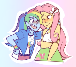 Size: 1280x1125 | Tagged: safe, artist:dae, fluttershy, rainbow dash, equestria girls, g4, blushing, female, lesbian, ponytail, ship:flutterdash, shipping