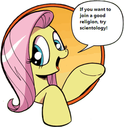 Size: 421x431 | Tagged: safe, idw, fluttershy, friendship is magic #3, g4, my little pony: friendship is magic (idw), bad advice fluttershy, exploitable meme, female, meme, religion, scientology, solo