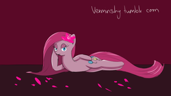 Size: 1920x1080 | Tagged: safe, artist:verminshy, pinkie pie, earth pony, pony, g4, 30 minute art challenge, female, flower, lidded eyes, looking at you, mare, on side, pinkamena diane pie, solo