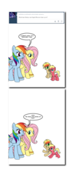 Size: 840x1856 | Tagged: safe, artist:dekomaru, fluttershy, rainbow dash, tumblr:ask twixie, g4, foal, magical lesbian spawn, offspring, parent:applejack, parent:big macintosh, parent:fluttershy, parent:rainbow dash, parents:appledash, parents:fluttermac