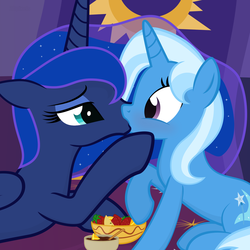 Size: 1400x1400 | Tagged: safe, artist:the smiling pony, princess luna, trixie, alicorn, pony, unicorn, g4, duo, duo female, female, food, fruit, fruit bowl, kiss on the lips, kissing, lesbian, luxie, mare, missing accessory, shipping