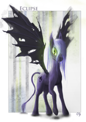 Size: 1080x1525 | Tagged: safe, artist:akurion, oc, oc only, oc:eclipse, bat pony, pony, concept art, ear fluff, leonine tail, messy mane, signature, slit pupils, solo, text, torn wings, wings