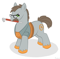 Size: 867x862 | Tagged: safe, artist:mumbles, pony, crowbar, glasses, gordon freeman, half-life, mouth hold, ponified, solo