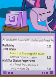 Size: 562x771 | Tagged: safe, twilight sparkle, g4, bacon, exploitable meme, facehoof, fail, hot dog, meme, menu, tv meme