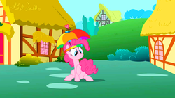 Size: 500x281 | Tagged: safe, screencap, pinkie pie, feeling pinkie keen, g4, female, hat, solo, umbrella hat