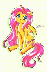 Size: 669x1024 | Tagged: safe, artist:xtomatolove, fluttershy, pegasus, pony, g4, blushing, cute, female, mare, shyabetes, sitting, solo, traditional art