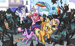 Size: 1500x917 | Tagged: safe, artist:johnjoseco, applejack, fluttershy, pinkie pie, rainbow dash, rarity, twilight sparkle, changeling, earth pony, pegasus, pony, unicorn, a canterlot wedding, action pose, angry, bipedal, cute, diapinkes, female, fight, food, gritted teeth, happy, magic, mane six, mare, martial artist rarity, pie, scene interpretation, smiling, stare, the stare, unicorn twilight, xd, yay