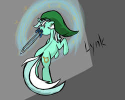 Size: 1000x800 | Tagged: safe, artist:tamseph, lyra heartstrings, pony, unicorn, g4, bipedal, crossover, earring, female, floppy ears, glare, hat, looking back, lynk, mouth hold, piercing, rearing, solo, sword, the legend of zelda