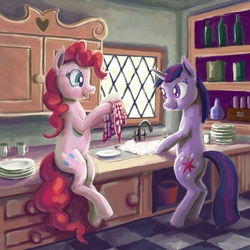 Size: 1600x1600 | Tagged: safe, artist:dahtamnay, pinkie pie, twilight sparkle, earth pony, pony, unicorn, g4, bipedal, cottagecore, dish, duo, helping, interior, kitchen, sink, towel, unicorn twilight, washing