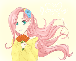 Size: 893x718 | Tagged: safe, artist:sonicat62, fluttershy, human, g4, bust, clothes, cute, eye clipping through hair, female, flower, humanized, shyabetes, solo, sweater, sweatershy