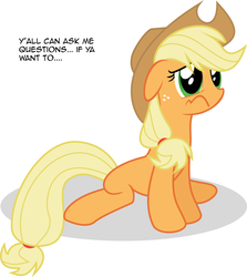 Size: 1280x1436 | Tagged: safe, applejack, earth pony, pony, g4, applejack's hat, ask, cowboy hat, depressed, female, hat, mare, sad, simple background, sitting, solo, tumblr, tumblr:ask depressed applejack, unhapplejack, vector, white background, y'all