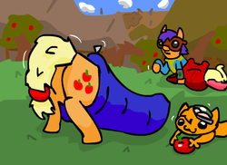 Size: 550x400 | Tagged: safe, artist:caitsith511, apple bloom, applejack, oc, oc:bit goggles, pony, g4, apple, applebucking thighs, butt, plot, sleeping bag, sweet apple acres