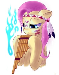 Size: 785x1000 | Tagged: safe, artist:hieronymuswhite, fluttershy, pegasus, pony, g4, female, fire, fluttersquaw, musical instrument, native american, pan flute, solo, spirit