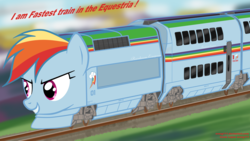 Size: 4000x2263 | Tagged: safe, artist:orang111, rainbow dash, train pony, g4, engrish, female, grin, high speed train, railroad, run, smiling, solo, train, trainbow dash, trainified, wat, what has science done