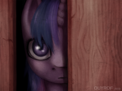 Size: 1123x835 | Tagged: safe, artist:ouyrof, twilight sparkle, g4, creepy, door, face, female, head, peeking, solo