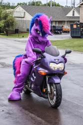 Size: 1276x1920 | Tagged: safe, artist:judhudson, twilight sparkle, g4, fursuit, irl, motorcycle, photo