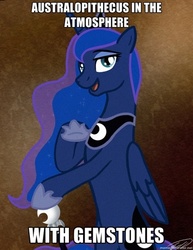 Size: 400x518 | Tagged: safe, artist:doekitty, edit, princess luna, alicorn, pony, g4, australopithecus, female, image macro, impact font, intellectually hilarious, joseph ducreux, lucy in the sky with diamonds, luna ducreux, mare, meme, ponified, sesquipedalian loquaciousness, solo, the beatles