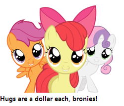 Size: 250x215 | Tagged: safe, apple bloom, scootaloo, sweetie belle, g4, bronybait, cutie mark crusaders, hug, text