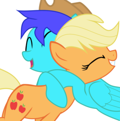 Size: 1845x1860 | Tagged: artist needed, source needed, useless source url, safe, applejack, oc, oc:zonic14game, earth pony, pegasus, pony, g4, applejack's hat, cowboy hat, happy, hat, hug, pegasus oc, simple background, vector, white background, wings