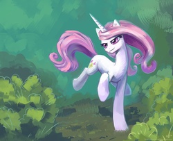 Size: 1600x1300 | Tagged: safe, artist:kp-shadowsquirrel, fleur-de-lis, pony, unicorn, g4, bust, determined, dreamworks face, female, forest, green background, nature, painting, portrait, running, shrub, simple background, solo, tree, wallpaper
