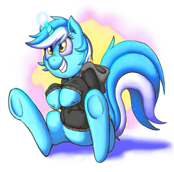 Size: 1262x1246 | Tagged: safe, artist:raunchyopposition, lyra heartstrings, pony, unicorn, g4, abstract background, clothes, female, grin, hoodie, magic, sitting, smiling, solo