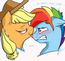 Size: 800x744 | Tagged: safe, artist:nolycs, applejack, rainbow dash, earth pony, pegasus, pony, g4, bedroom eyes, blushing, bust, eye contact, female, floppy ears, freckles, gritted teeth, half r63 shipping, hat, licking, male, mare, nose wrinkle, rainbow blitz, rule 63, ship:appleblitz, ship:appledash, shipping, simple background, smiling, stallion, straight, sweat, teasing, tongue out, uncomfortable