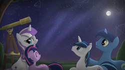 Size: 2560x1441 | Tagged: dead source, safe, artist:regolithx, night light, shining armor, twilight sparkle, twilight velvet, pony, unicorn, g4, brother and sister, child, constellation, daughter, father, father and child, father and daughter, father and son, female, filly, filly twilight sparkle, galaxy, happy, husband, husband and wife, male, mare, mare in the moon, moon, mother, mother and child, mother and daughter, mother and son, night, shooting star, siblings, son, sparkle family, stallion, stargazing, stars, telescope, wife