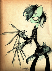 Size: 1024x1417 | Tagged: safe, artist:midnameowfries, lyra heartstrings, g4, crossover, edward scissorhands, female, hand, messy mane, solo, style emulation, tim burton, traditional art