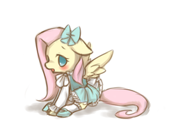 Size: 800x600 | Tagged: safe, artist:lovewolf5122, artist:wolfwings, fluttershy, pegasus, pony, g4, blushing, bow, clothes, cute, dress, female, floppy ears, hair bow, mare, no pupils, pixiv, shyabetes, simple background, sitting, solo, white background