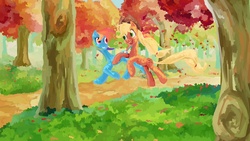 Size: 1920x1080 | Tagged: safe, artist:my-magic-dream, applejack, rainbow dash, g4, autumn, leaves, running, running of the leaves, tree