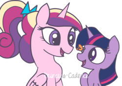 Size: 2386x1684 | Tagged: safe, artist:princess-cadence, princess cadance, twilight sparkle, alicorn, butterfly, pony, unicorn, g4, female, filly, filly twilight sparkle, foal, foalsitter, unicorn twilight, young, young cadance, younger