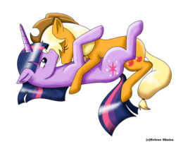 Size: 2046x1643 | Tagged: safe, artist:shadeila, applejack, twilight sparkle, g4, duo, female, lesbian, on back, ship:twijack, shipping