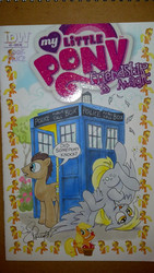Size: 600x1064 | Tagged: safe, artist:andypriceart, applejack, derpy hooves, doctor whooves, time turner, earth pony, pegasus, pony, g4, doctor who, female, mare, tardis, the doctor, traditional art