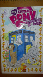 Size: 600x1064 | Tagged: safe, artist:andy price, idw, applejack, derpy hooves, doctor whooves, time turner, earth pony, pegasus, pony, friendship is magic #3, g4, doctor who, female, mare, tardis, the doctor, traditional art