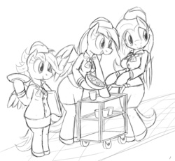 Size: 900x830 | Tagged: safe, artist:tg-0, fluttershy, rainbow dash, scootaloo, anthro, semi-anthro, g4, arm hooves, breasts, busty fluttershy, clothes, cute, monochrome, shoes, skirt, skirtaloo, stewardess