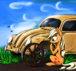 Size: 987x929 | Tagged: safe, artist:madhotaru, applejack, g4, bygone civilization, car, female, solo, volkswagen, volkswagen beetle, wheel